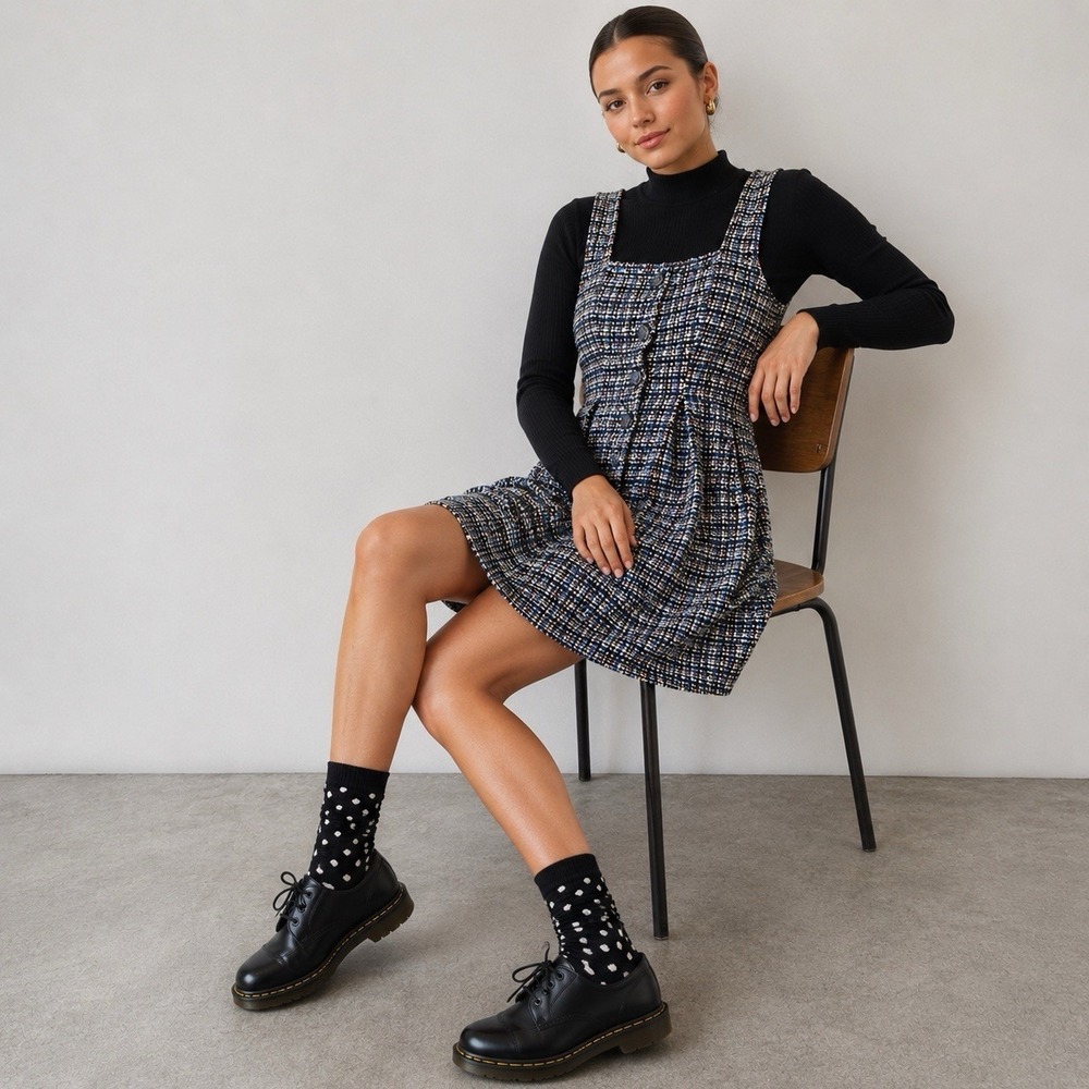 Free People Boucle Mini Dress S Sleeveless Button Pockets Textured Pinafore